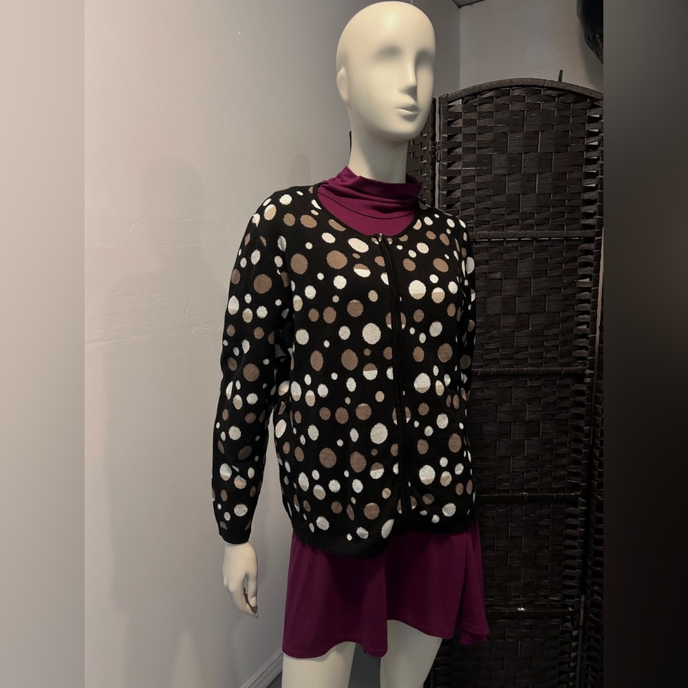 Appleseeds petite’s PLX black tan and white polka dot zip cardigan